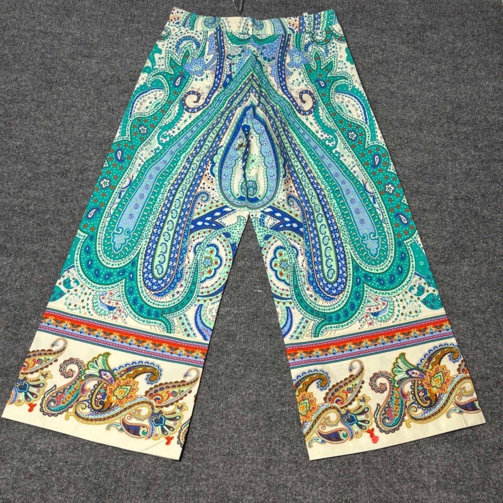 Zara Paisley Print Wide Leg Pants Women's M Teal  Blue Boho‎ High Waist Trousers